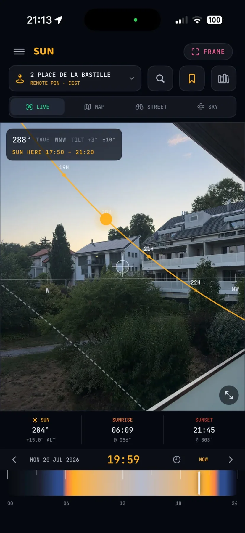 SL-Frames-Oberfläche mit Sonnenverlauf